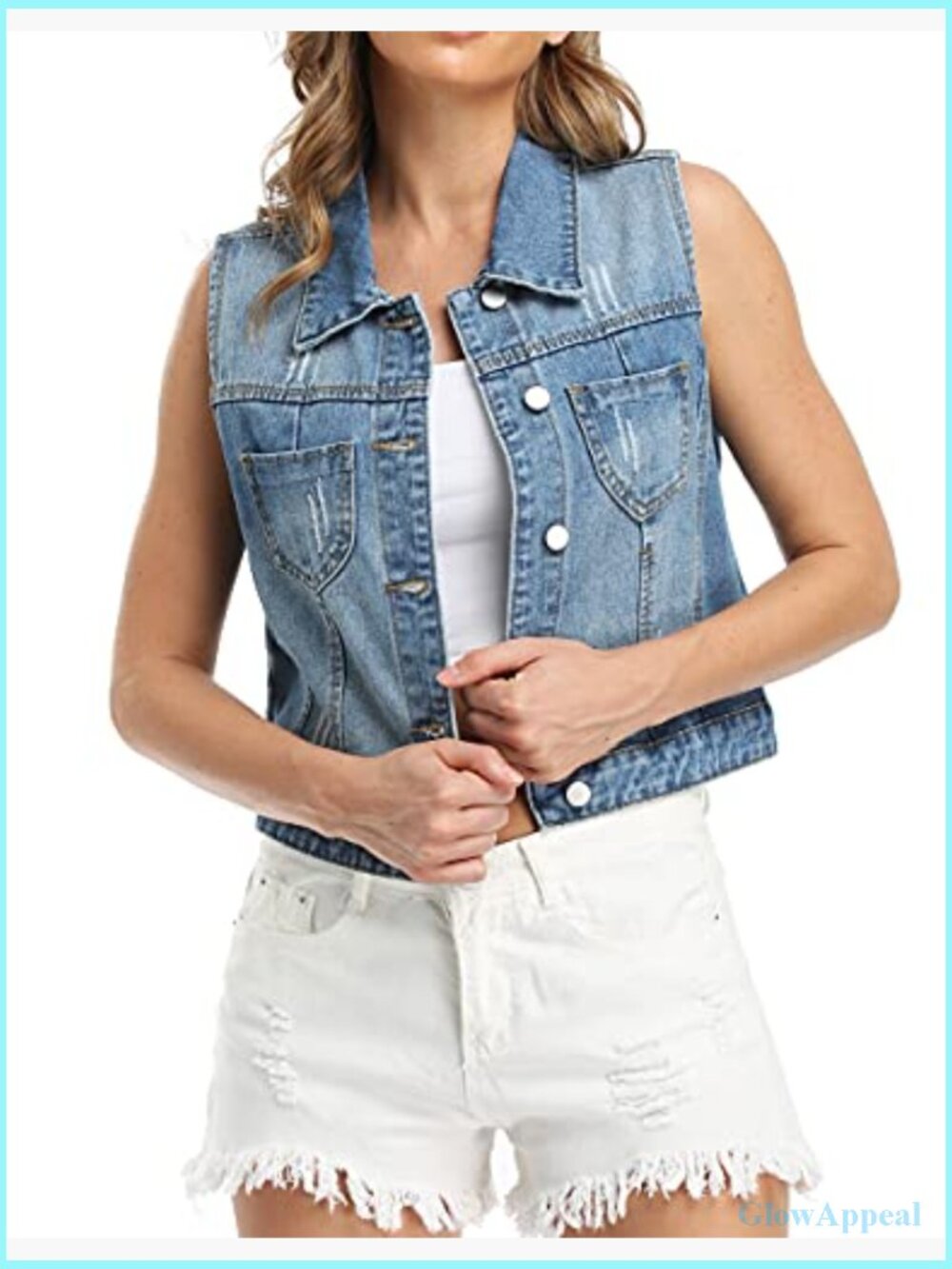 Cropped Distressed Denim Vest Spread Collar Sleeveless Jean Jacket - Picture 2 of 7